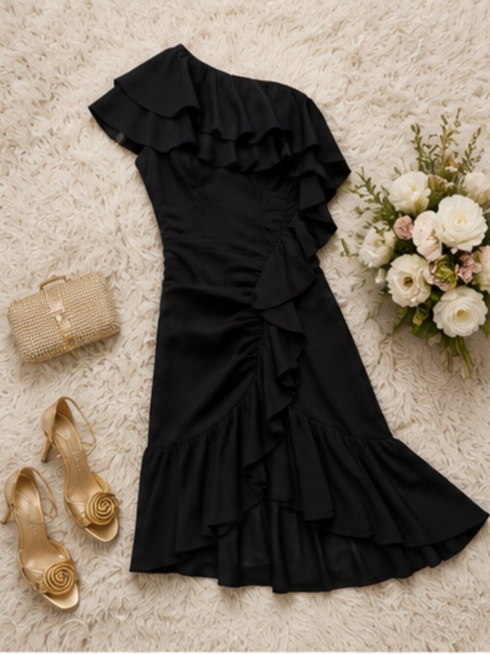 Jewel Badgley Mischka One Shoulder Ruffle Mini Dress NWT Size 4 Black
